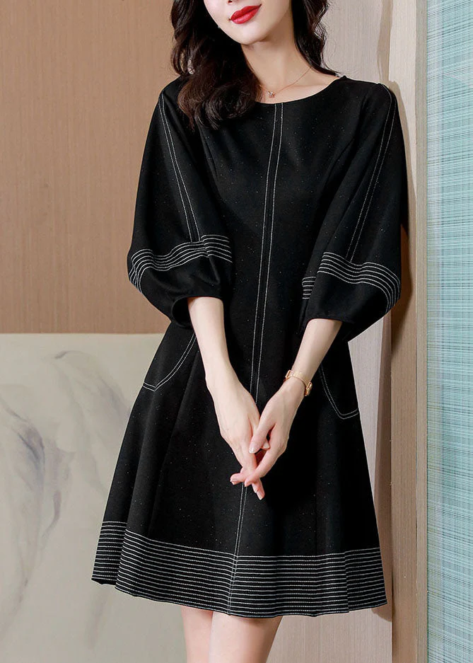 Unique Black O Neck Pockets Patchwork Cotton Mid Dresses Fall - Image 2