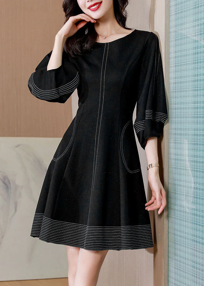 Unique Black O Neck Pockets Patchwork Cotton Mid Dresses Fall - Image 3