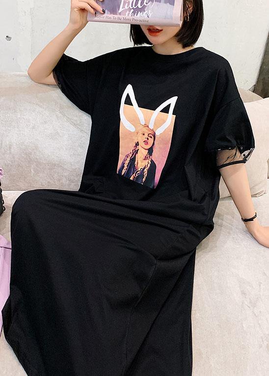 Unique Black O-Neck Puff Sleeve Summer Character Long Dress - Image 5