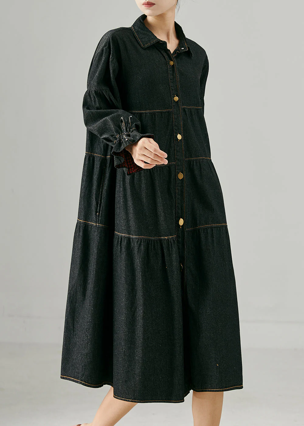 Unique Black Oversized Drawstring Denim Maxi Dresses Spring - Image 3