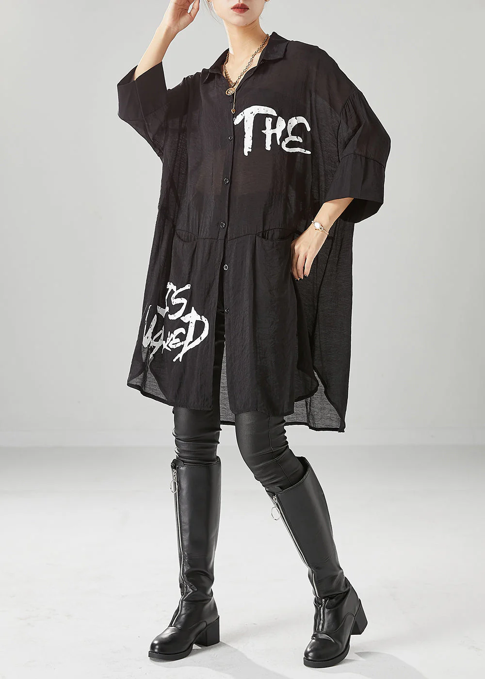 Unique Black Oversized Patchwork Cotton Dress Summer - Image 3