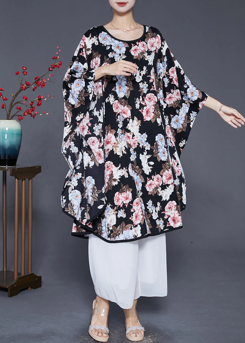 Unique Black Oversized Print Ice Silk Dresses Batwing Sleeve - Image 3