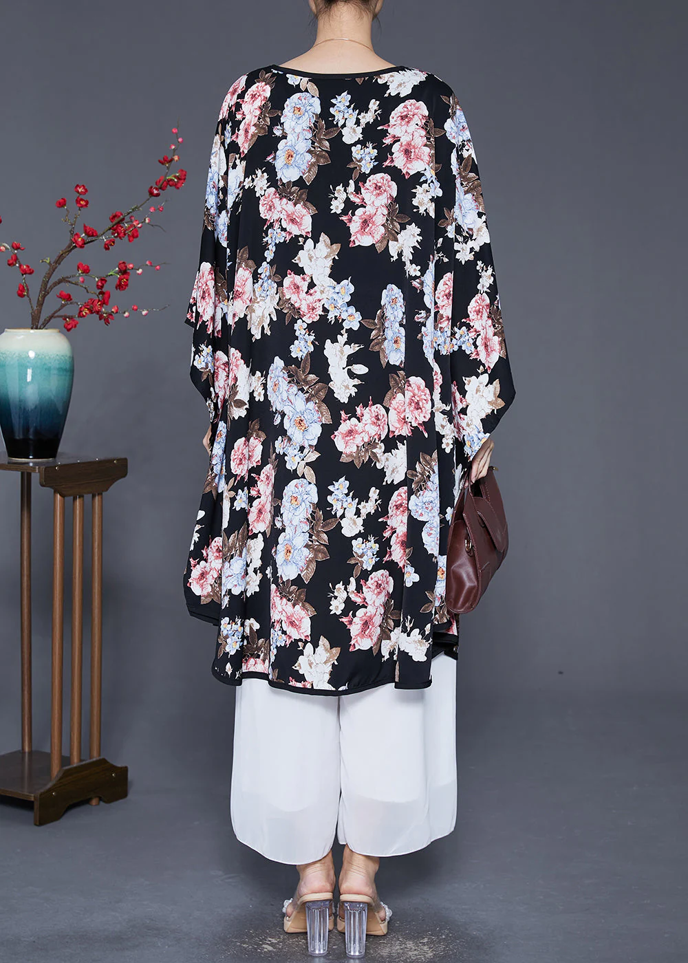 Unique Black Oversized Print Ice Silk Dresses Batwing Sleeve - Image 4