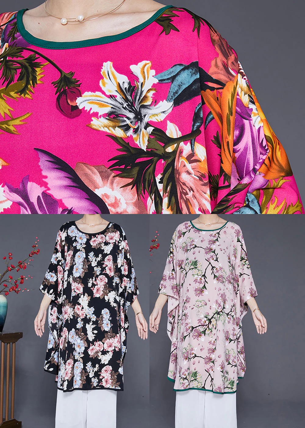 Unique Black Oversized Print Ice Silk Dresses Batwing Sleeve - Image 5