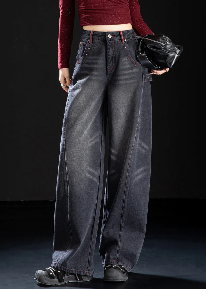 Unique Black Oversized Rivet Denim Pants Spring - Image 2