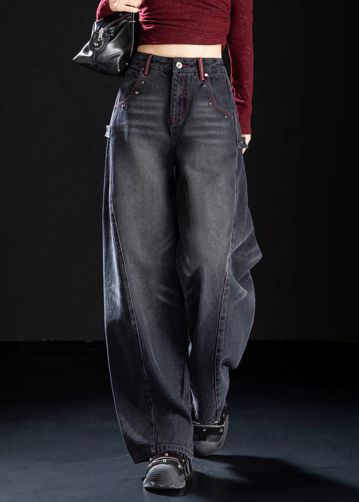 Unique Black Oversized Rivet Denim Pants Spring - Image 3