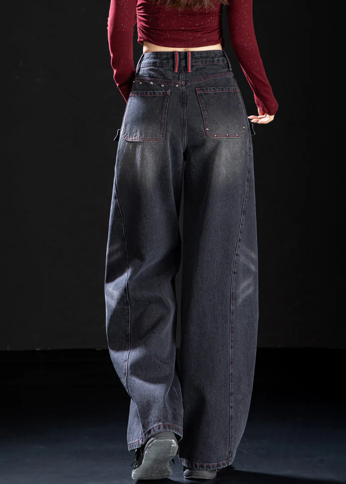 Unique Black Oversized Rivet Denim Pants Spring - Image 4