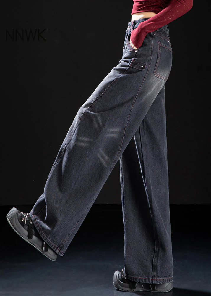 Unique Black Oversized Rivet Denim Pants Spring - Image 5
