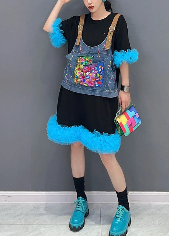 Unique Black Patchwork Blue O-Neck Tulle Mid Dresses Summer - Image 2