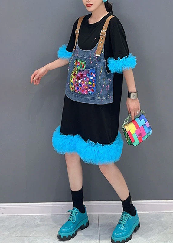 Unique Black Patchwork Blue O-Neck Tulle Mid Dresses Summer - Image 3