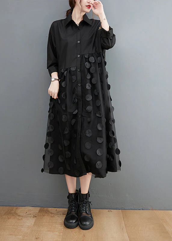 Unique Black Peter Pan Collar Button Tulle Patchwork Shirt Dresses Spring - Image 2