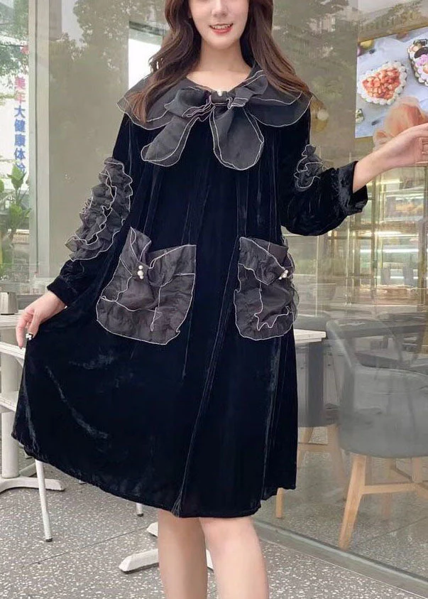 Unique Black Peter Pan Collar Organza Patchwork Silk Velour A Line Dresses Spring - Image 2