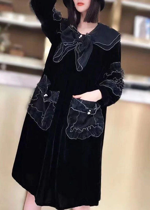 Unique Black Peter Pan Collar Organza Patchwork Silk Velour A Line Dresses Spring - Image 3