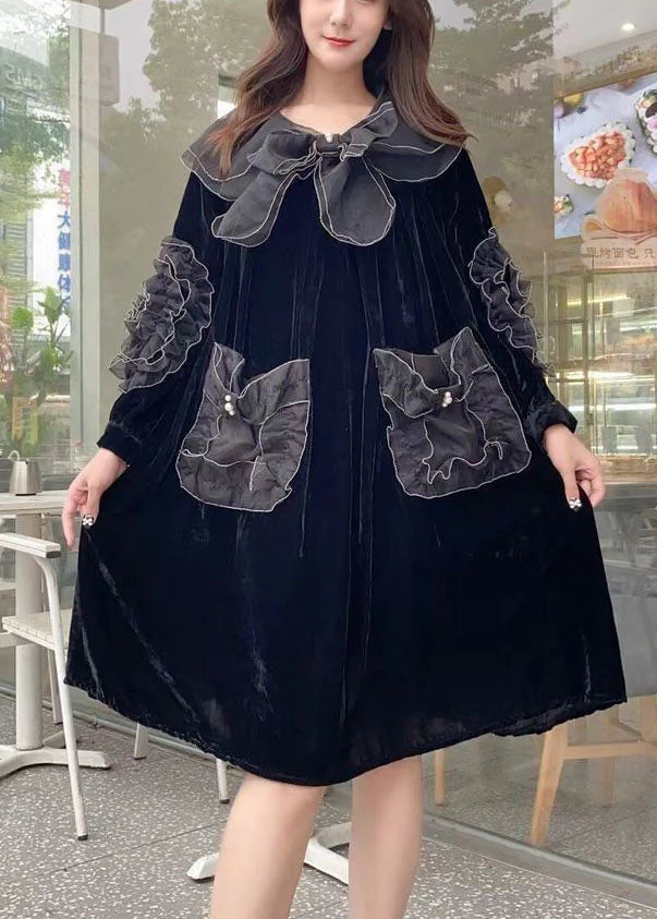Unique Black Peter Pan Collar Organza Patchwork Silk Velour A Line Dresses Spring - Image 4