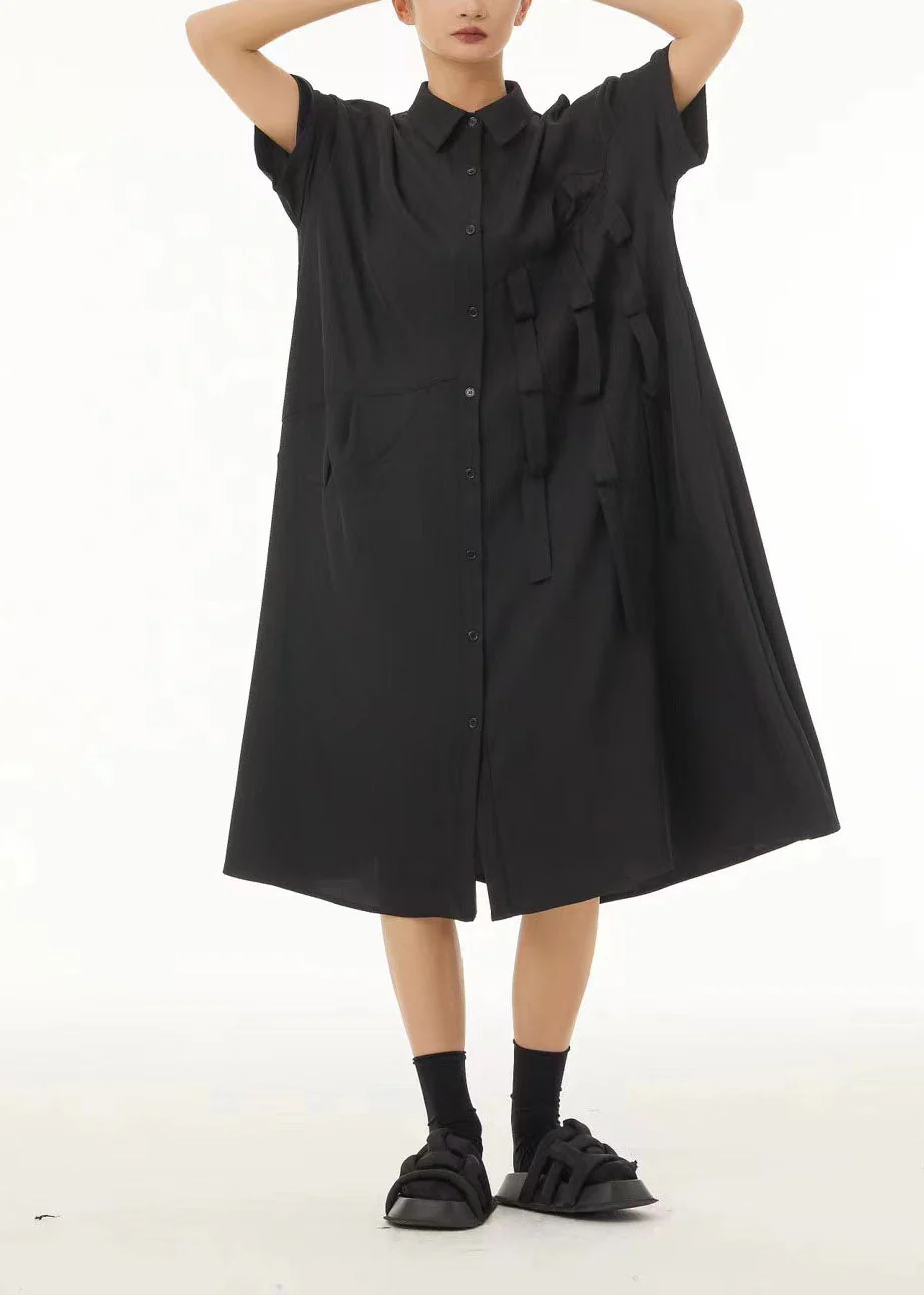 Unique Black Peter Pan Collar Patchwork Button Cotton Long Dress Summer - Image 2
