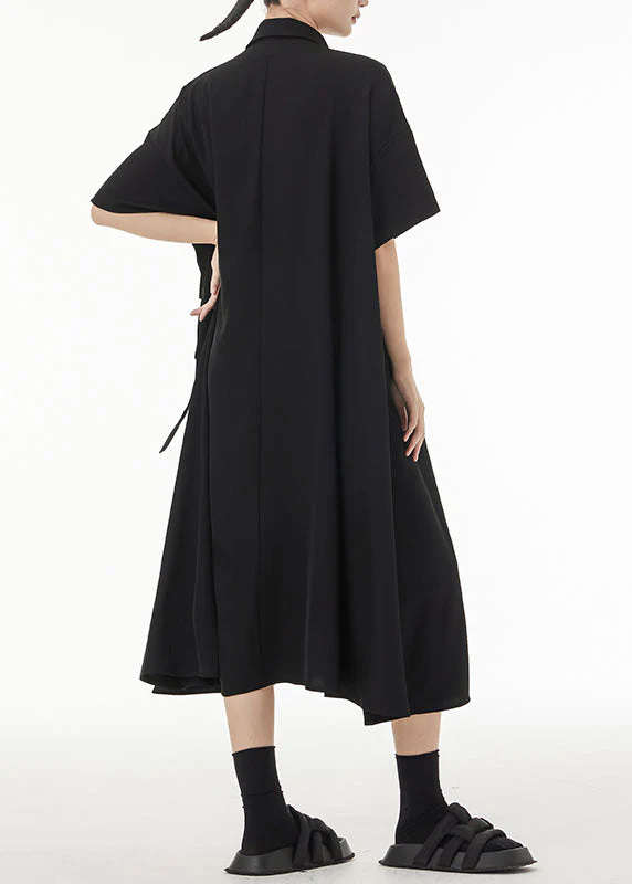 Unique Black Peter Pan Collar Patchwork Button Cotton Long Dress Summer - Image 3