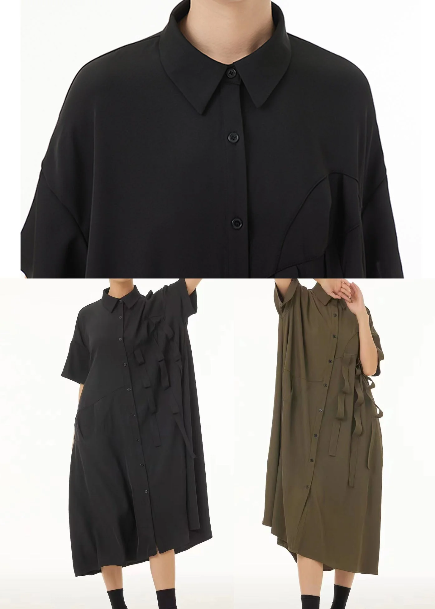 Unique Black Peter Pan Collar Patchwork Button Cotton Long Dress Summer - Image 4