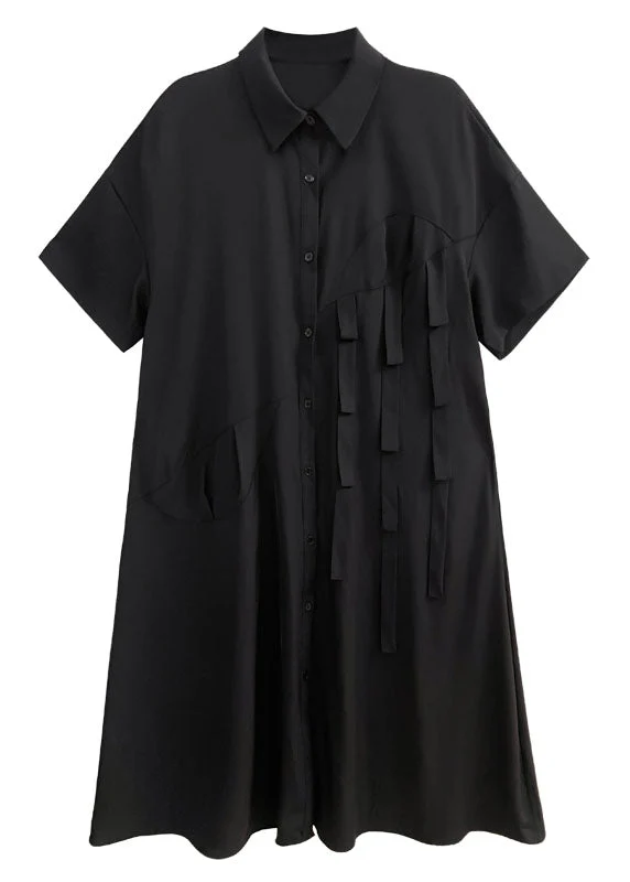 Unique Black Peter Pan Collar Patchwork Button Cotton Long Dress Summer - Image 5