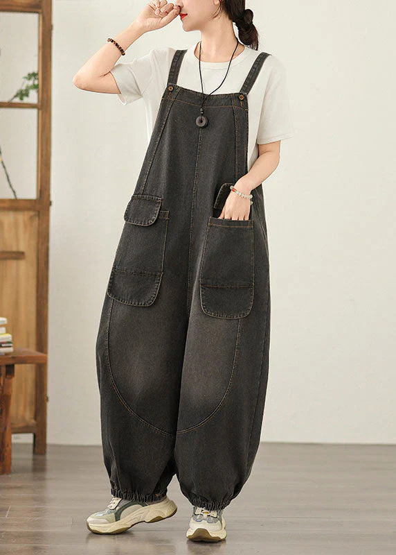 Unique Black Pockets Loose Denim Jumpsuit Spring - Image 2