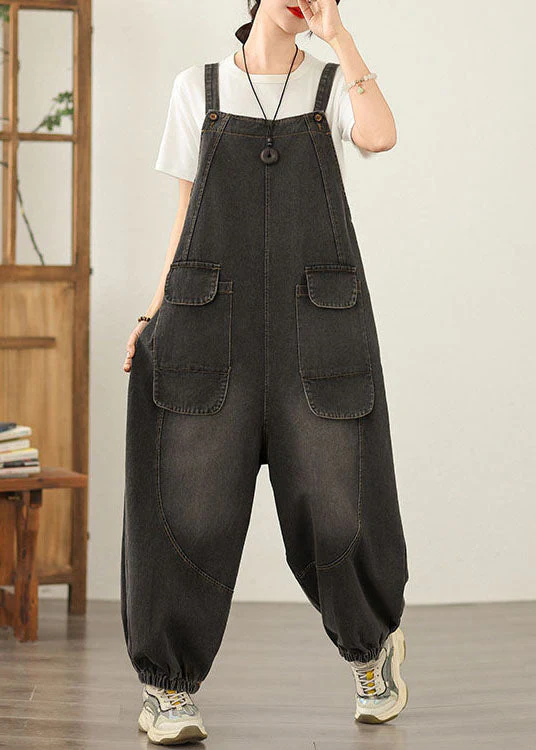 Unique Black Pockets Loose Denim Jumpsuit Spring - Image 3