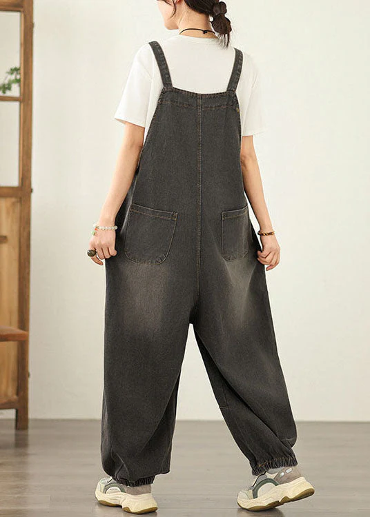 Unique Black Pockets Loose Denim Jumpsuit Spring - Image 4