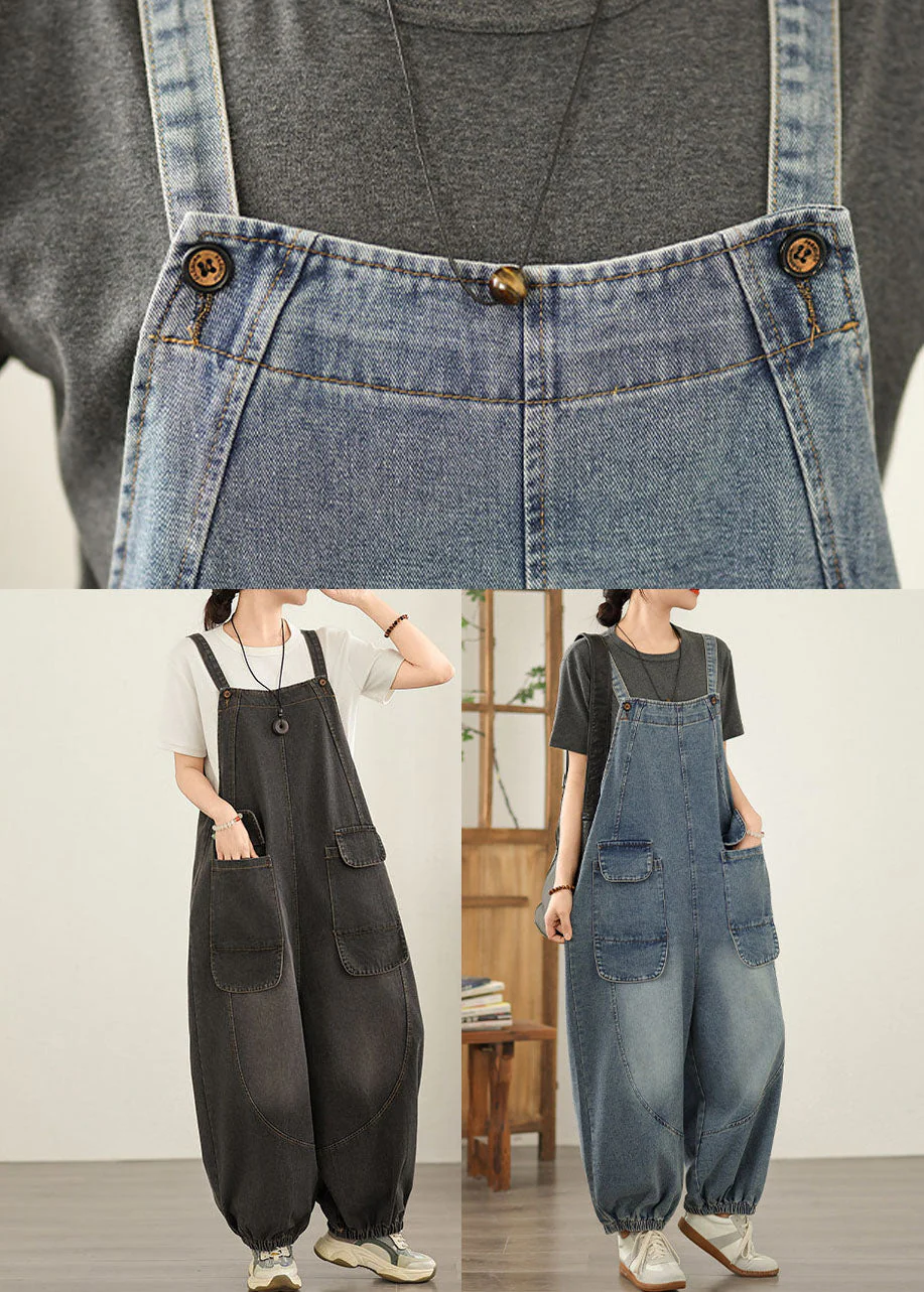 Unique Black Pockets Loose Denim Jumpsuit Spring - Image 5