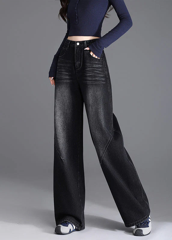 Unique Black Pockets Patchwork Denim Pants Spring
