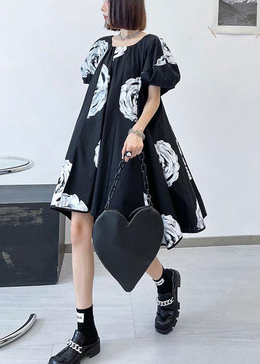 Unique Black Print O neck Cotton Puff Sleeve Mini Dress summer - Image 4