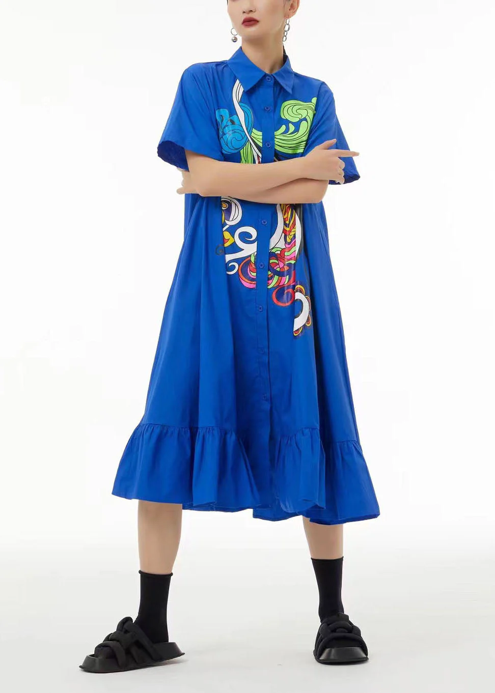 Unique Black Print Peter Pan Collar Patchwork Ruffles Cotton Shirt Dress Summer - Image 2