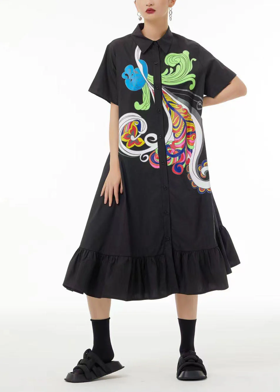 Unique Black Print Peter Pan Collar Patchwork Ruffles Cotton Shirt Dress Summer - Image 3