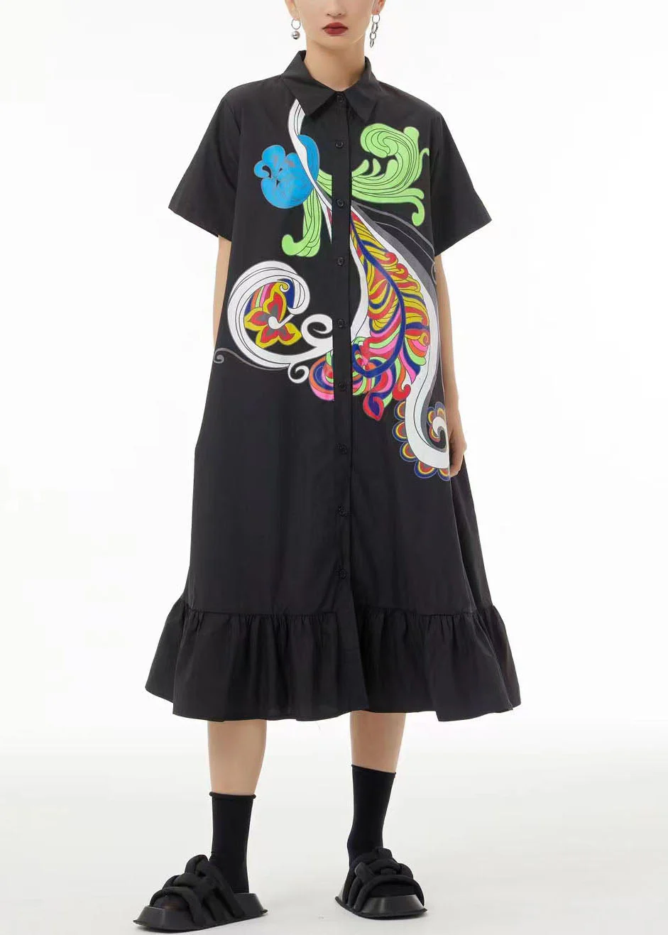 Unique Black Print Peter Pan Collar Patchwork Ruffles Cotton Shirt Dress Summer - Image 4