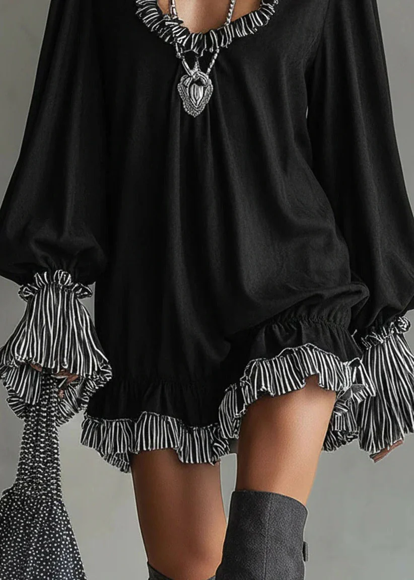 Unique Black Ruffled Patchwork Cotton Mid Dress Spring - Image 4