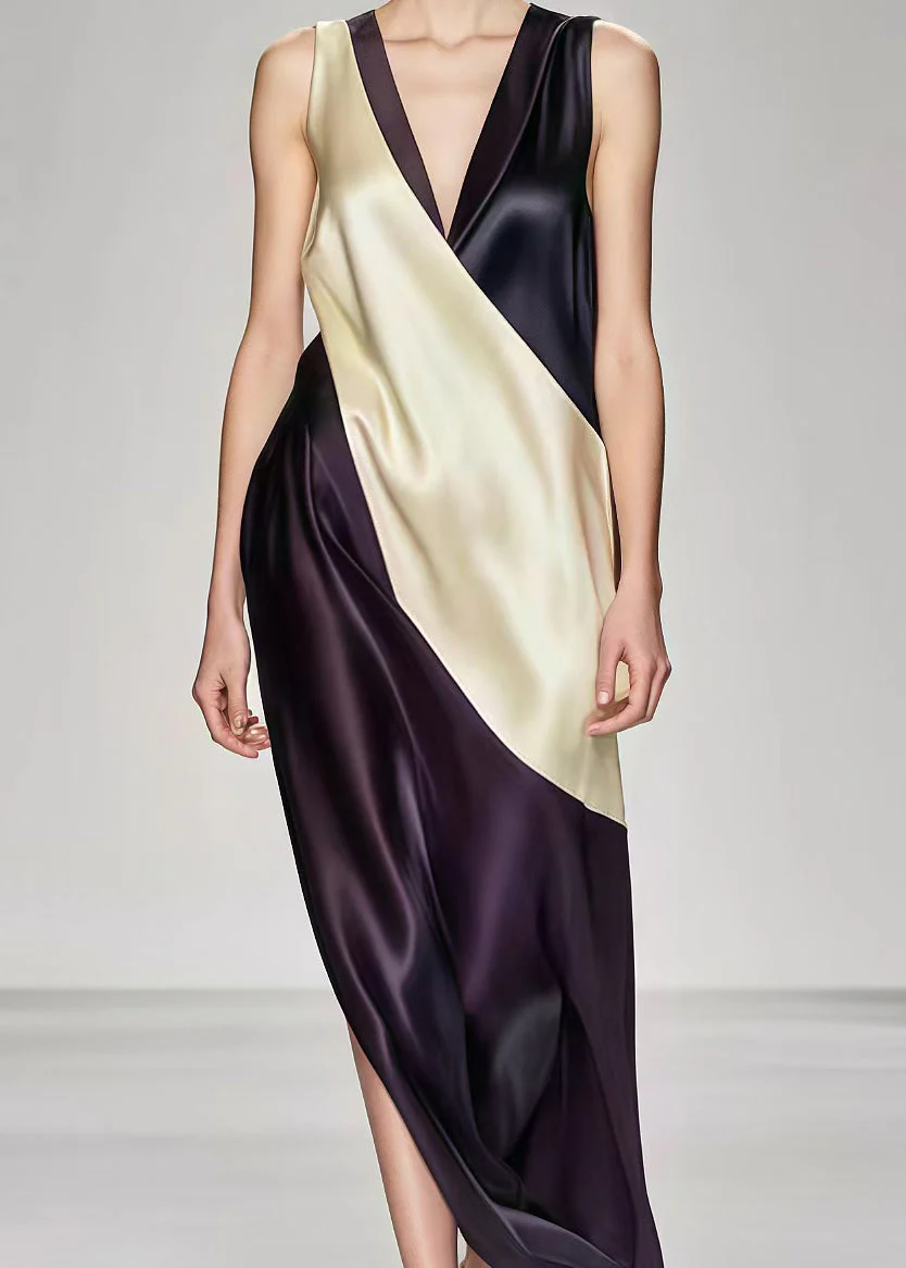 Unique Black Side Open Patchwork Silk Vestidos Dresses Summer - Image 3