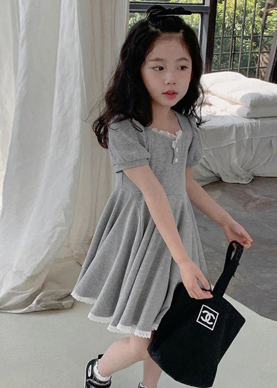 Unique Black Square Collar Lace Patchwork Button Cotton Girls Party Maxi Dress Short Sleeve - Image 2