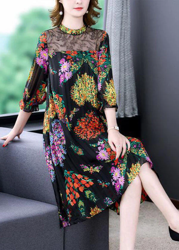 Unique Black Stand Collar Lace Patchwork Hollow Out Print Chiffon Dress Bracelet Sleeve - Image 2