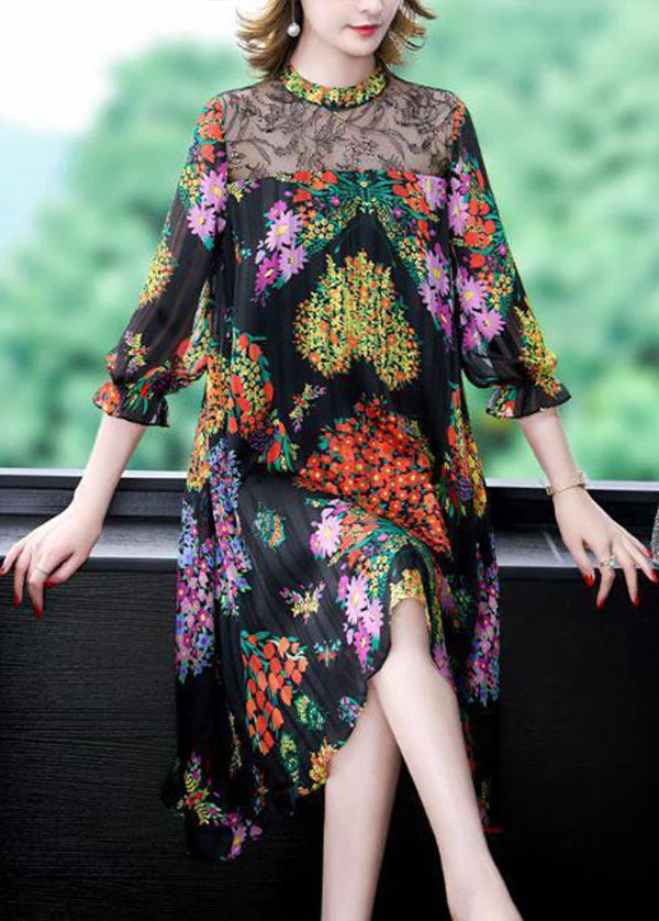Unique Black Stand Collar Lace Patchwork Hollow Out Print Chiffon Dress Bracelet Sleeve - Image 3