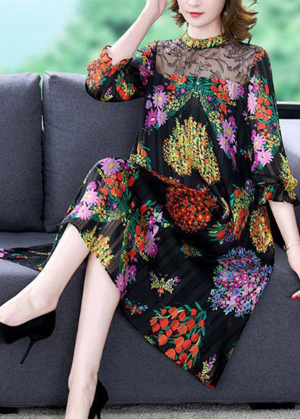 Unique Black Stand Collar Lace Patchwork Hollow Out Print Chiffon Dress Bracelet Sleeve - Image 4