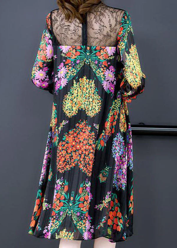 Unique Black Stand Collar Lace Patchwork Hollow Out Print Chiffon Dress Bracelet Sleeve - Image 5