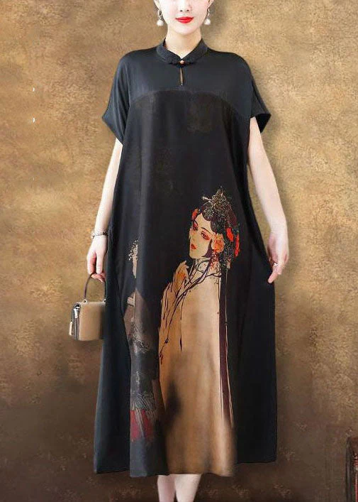 Unique Black Stand Collar Patchwork Print Silk Long Dress Summer - Image 2