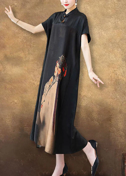 Unique Black Stand Collar Patchwork Print Silk Long Dress Summer - Image 3