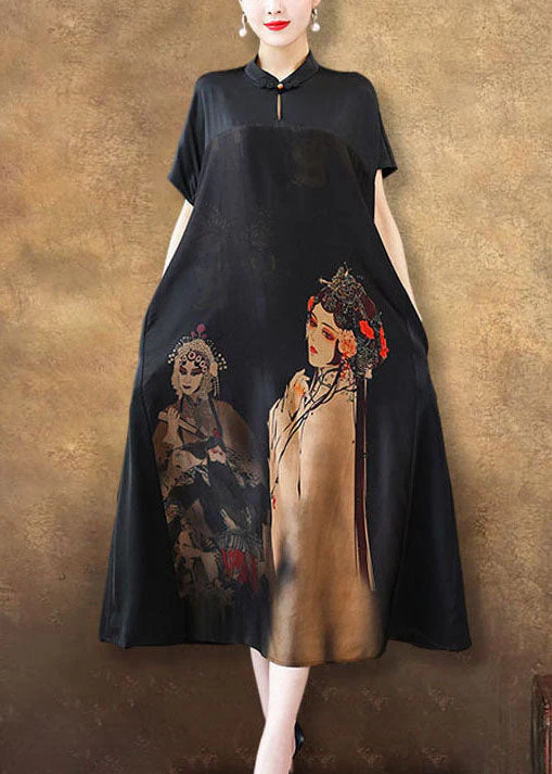 Unique Black Stand Collar Patchwork Print Silk Long Dress Summer - Image 4
