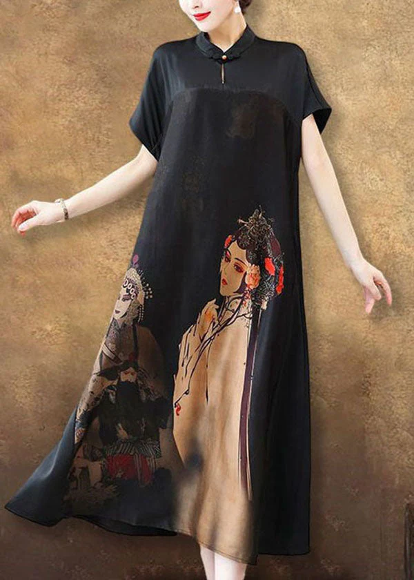 Unique Black Stand Collar Patchwork Print Silk Long Dress Summer - Image 5