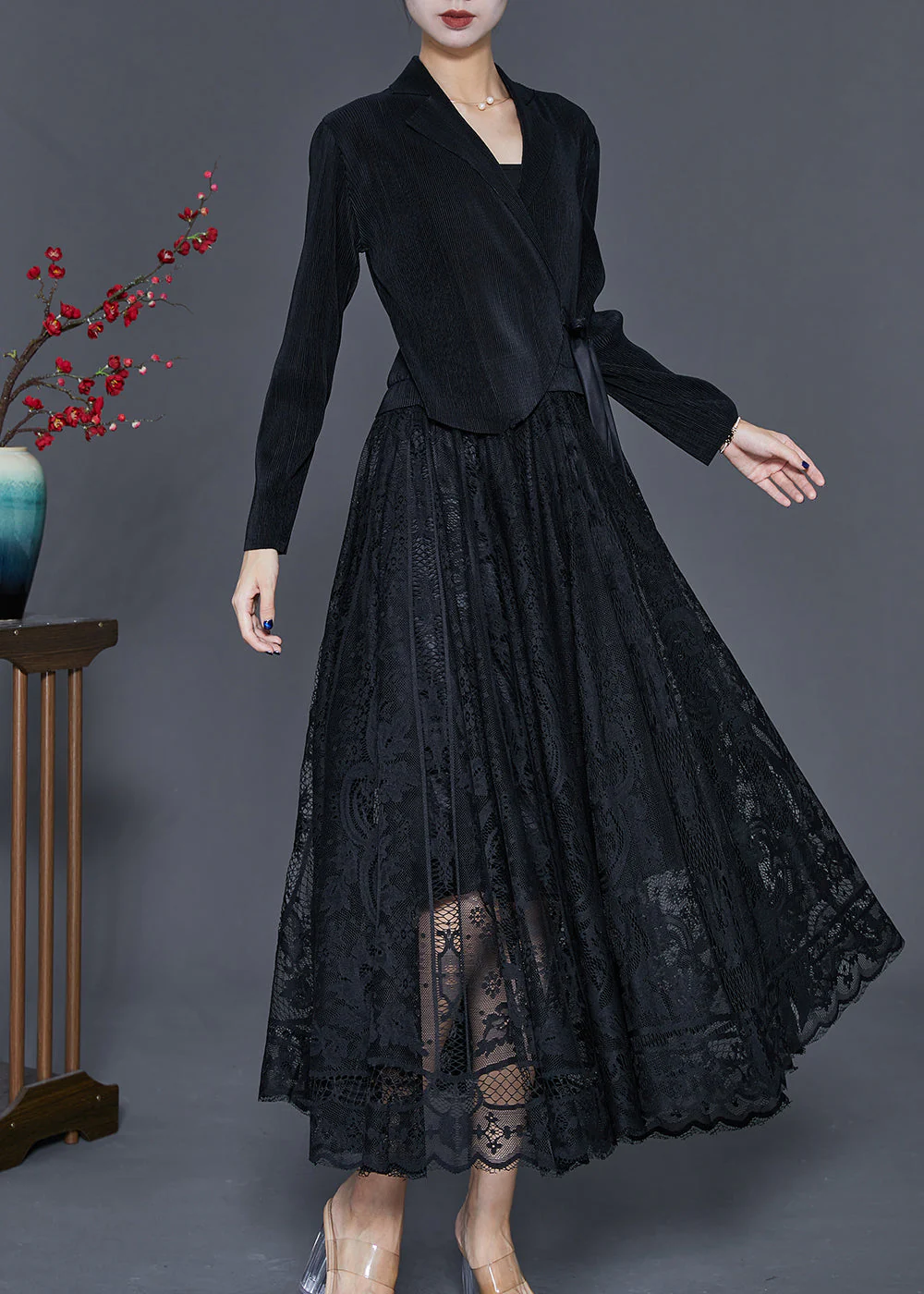 Unique Black Tie Waist Lace Patchwork Silk Velour Maxi Dresses Fall - Image 2