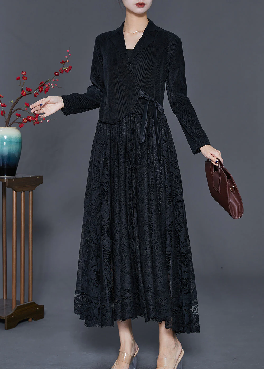 Unique Black Tie Waist Lace Patchwork Silk Velour Maxi Dresses Fall - Image 3