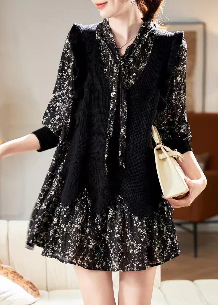 Unique Black V Neck Print Chiffon Mid Dress Spring - Image 2
