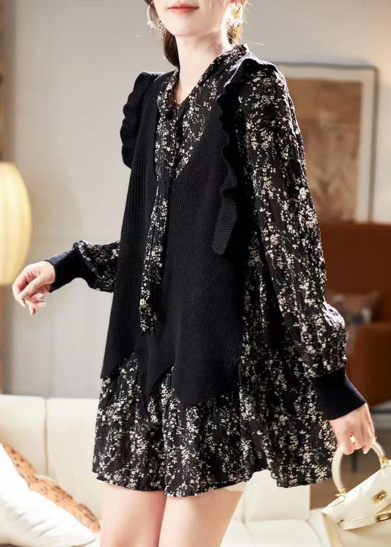 Unique Black V Neck Print Chiffon Mid Dress Spring - Image 3