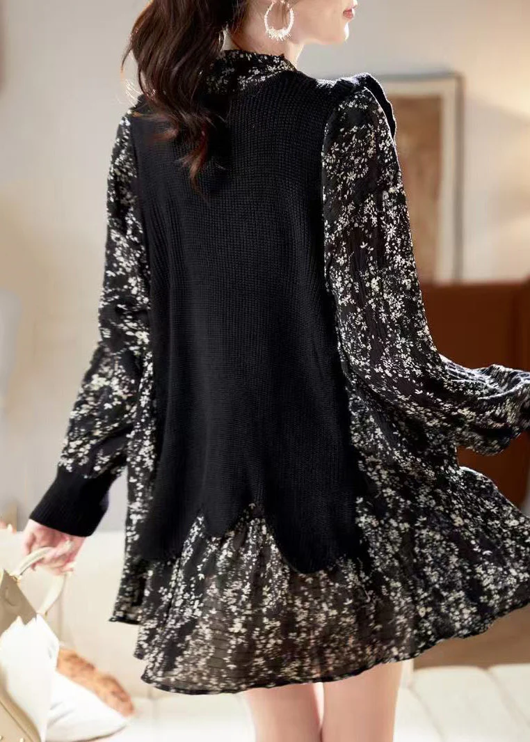 Unique Black V Neck Print Chiffon Mid Dress Spring - Image 4