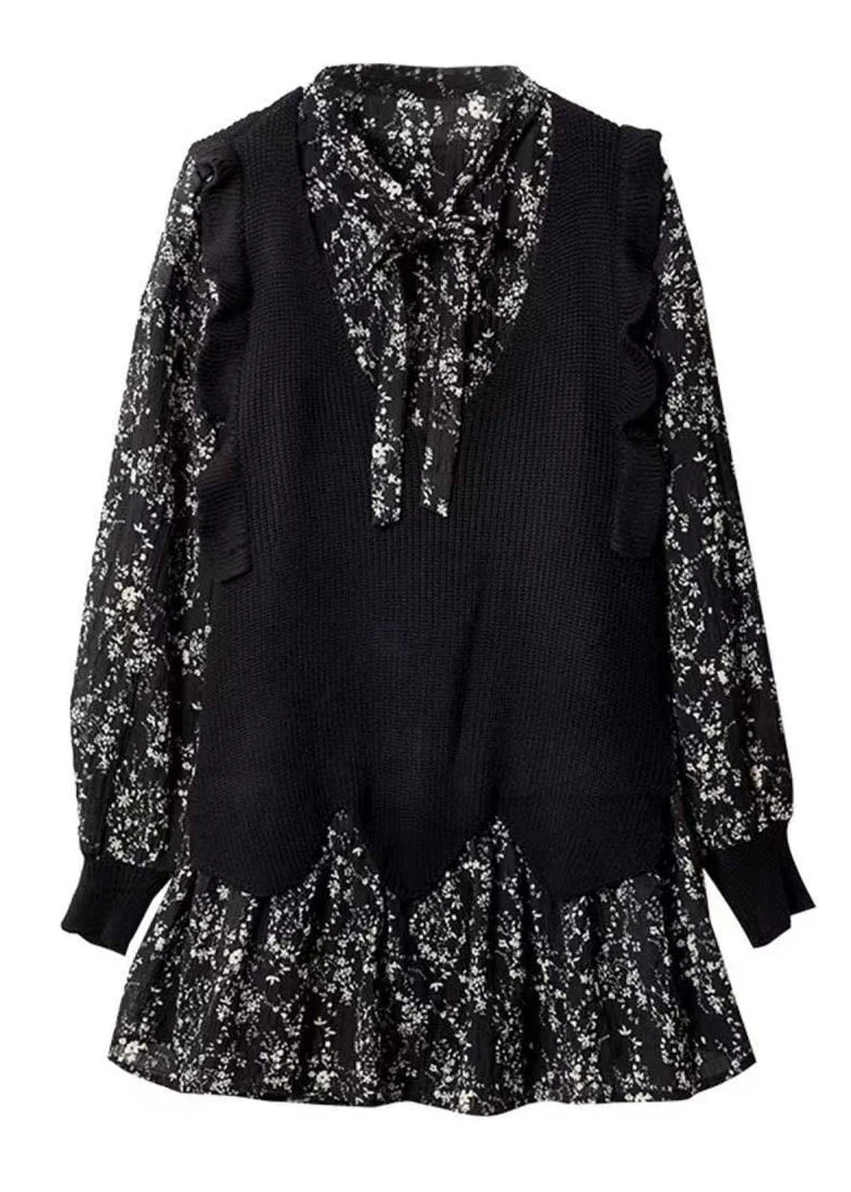Unique Black V Neck Print Chiffon Mid Dress Spring - Image 5