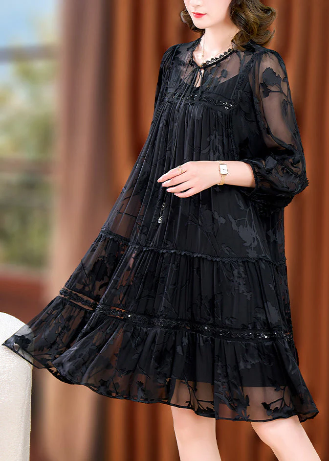 Unique Black Wrinkled Jacquard Patchwork Tulle Mid Dresses Fall - Image 3