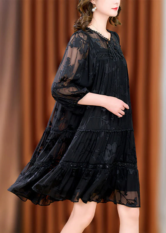 Unique Black Wrinkled Jacquard Patchwork Tulle Mid Dresses Fall - Image 5